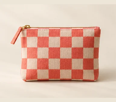 Coral and cream checkerboard fabric zip pouch