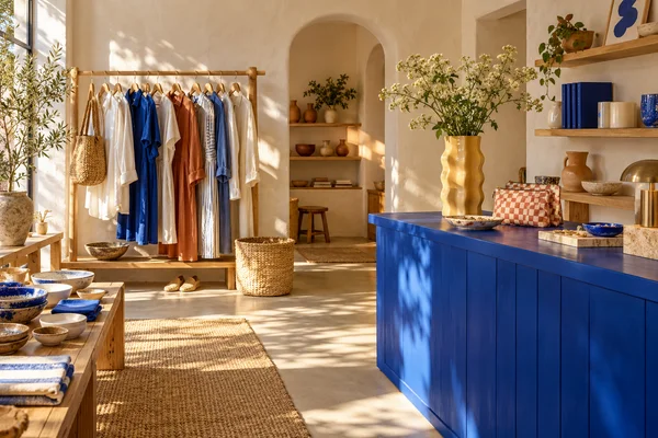 An imagined Sunday Edit shop with a cobalt counter, clothing rail, journals, jewelry, and colorful gifts