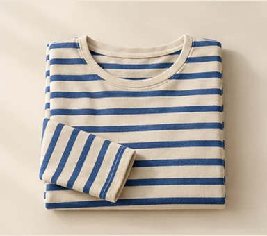 Folded long-sleeve shirt with blue and cream stripes